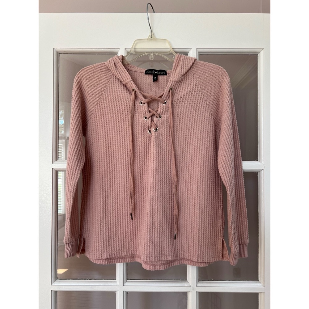 Derek Heart Pink Hooded Waffle Long Sleeve Shirt